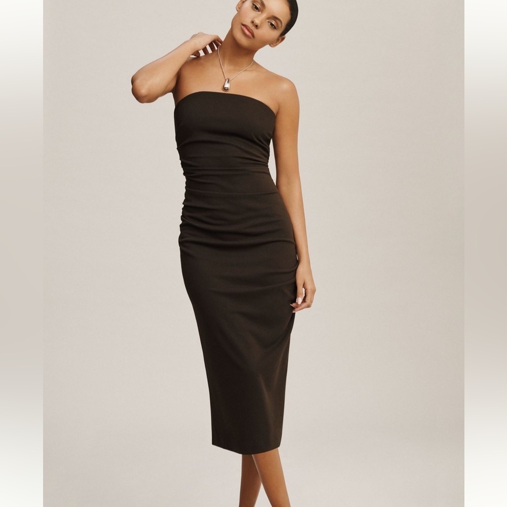 BHLDN Hayden Strapless Stretch Crepe Midi Dress Brown, Size XL
